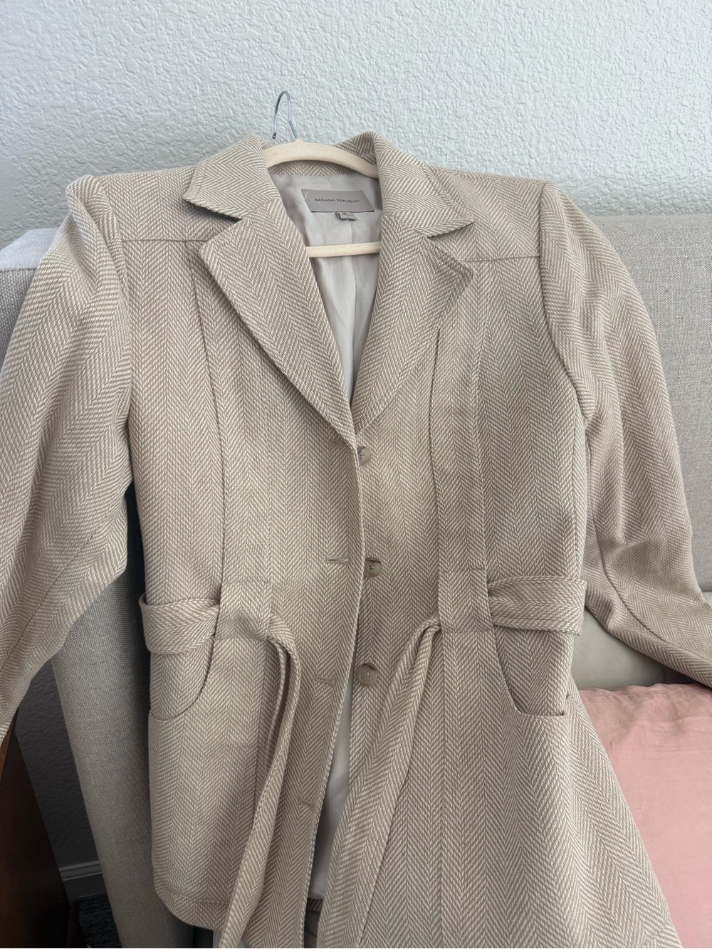 NWT Banana Republic Cream Herringbone Tie-Waist Blazer 8